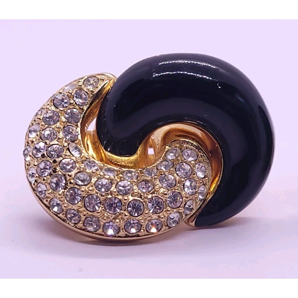 Vintage Christian Dior Black Enamel Rhinestone Swirl Clip-On Earrings Signed
